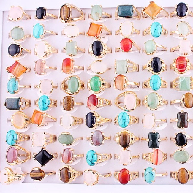 QianBei Moda Mešani Zlata prstana Ženske Multicolor Narave Kamen Obroči Oval Dekleta Debelo Veliko 10pcs Bulks Nakit F