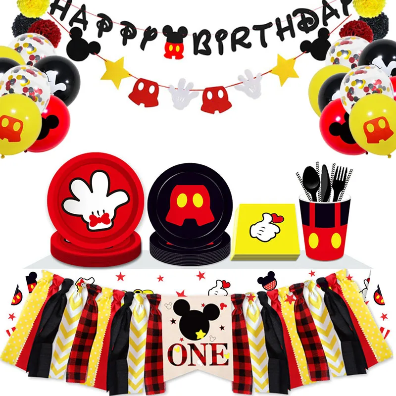 8 Oseb Tema Mickey Mouse Stranka Kombinacija DisposableTableware Ploščo Pokal Prtom Otroci Rojstni Dan Baby Tuš Decoratio