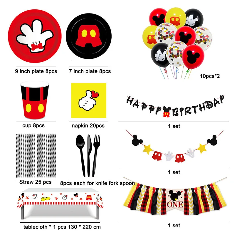 8 Oseb Tema Mickey Mouse Stranka Kombinacija DisposableTableware Ploščo Pokal Prtom Otroci Rojstni Dan Baby Tuš Decoratio