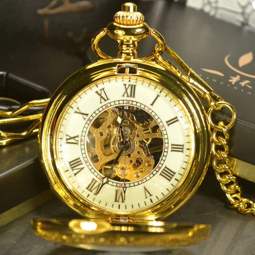 TIEDAN Steampunk Okostje Mehanske Žepne Ure Moških Starinsko Luksuzne blagovne Znamke Roko Veter Ogrlica Žep & Fob Watch Verige Zlata