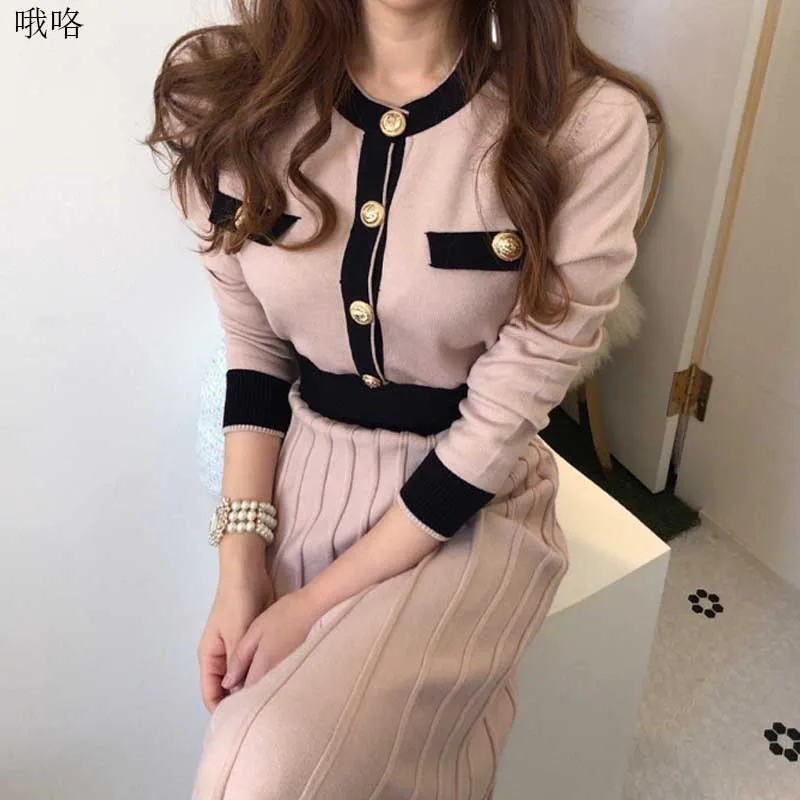 Korejski Ženski Pleteni Pulover Obleko enodelne Ženske Dolg Rokav Naguban Obleke 2020 Zimski Modni Lady Plesti Obleko Dolgo Obleko