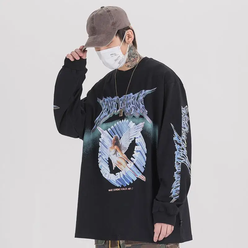 Hip Hop Dolg Rokav T Shirt 3D Angel Natisnjeni Moda Ulične Bombaž Unisex Majica korejski Japonska Priložnostne Harajuku Slog Vrhovi