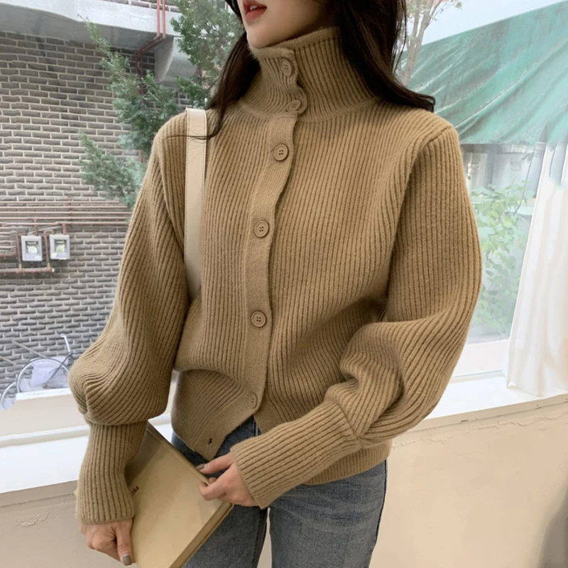ZCSMLL korejski elegantna jeseni in pozimi visoko vratu beloprsi singl svoboden Luč Rokav tople pletene cardigan pulover za ženske