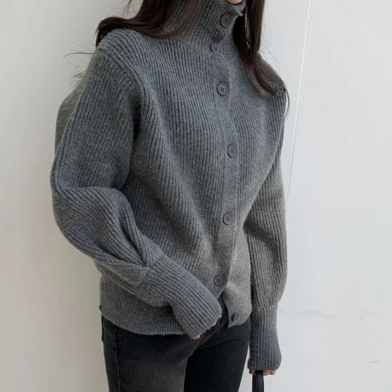 ZCSMLL korejski elegantna jeseni in pozimi visoko vratu beloprsi singl svoboden Luč Rokav tople pletene cardigan pulover za ženske