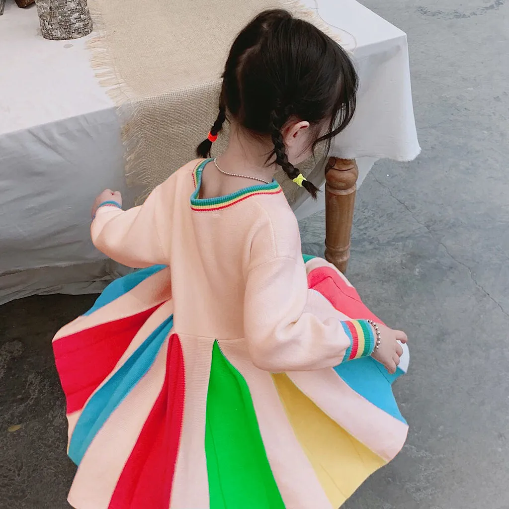 Otrok Mavrica obleko lahko ljubil, da vidite, dolgo sleeved mavrica mozaik obleka princess oblačenja платье для девочки 40*