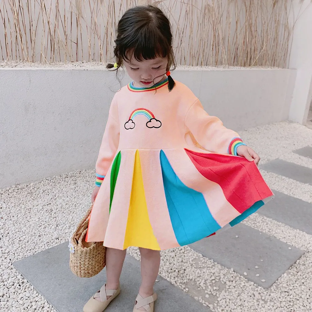 Otrok Mavrica obleko lahko ljubil, da vidite, dolgo sleeved mavrica mozaik obleka princess oblačenja платье для девочки 40*