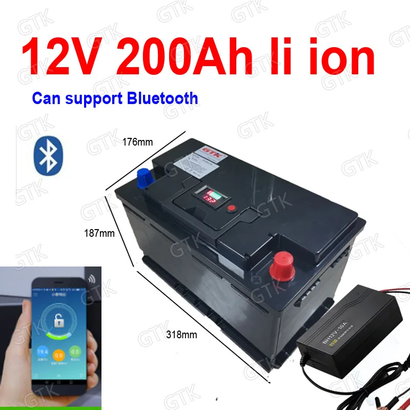 GTK 12V 200AH litij-ionska baterija z bluetooth BMS APP za 1200W ribolov xenon žarnica AGV Sončne energije skladiščenje +20A Polnilnik