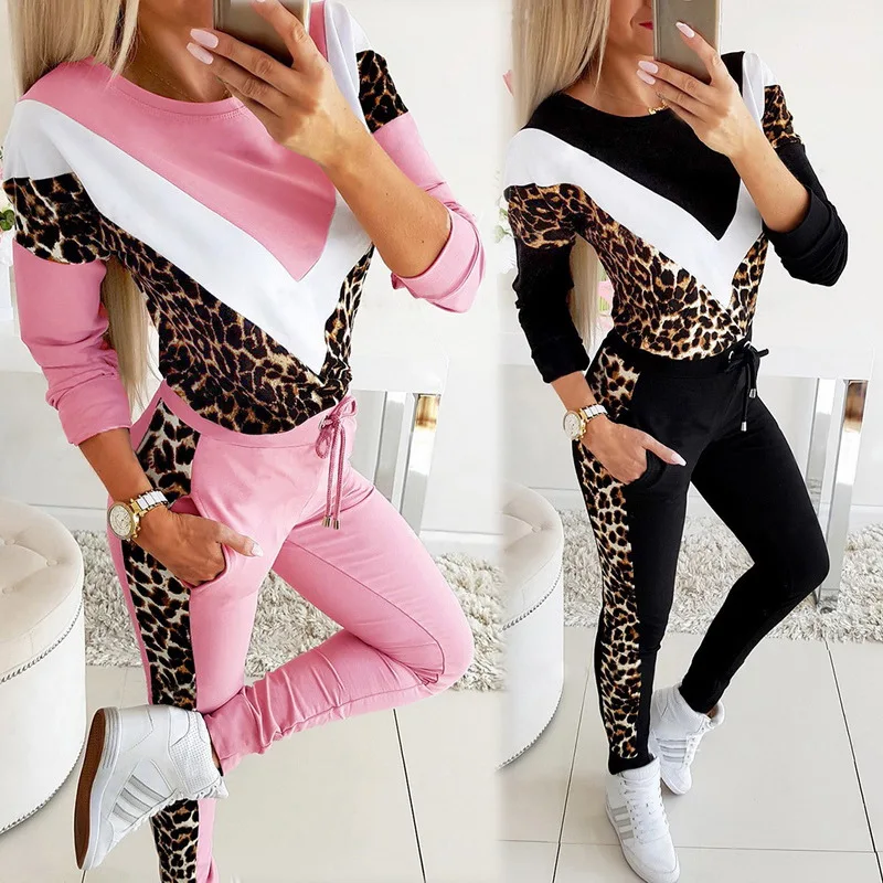 Dva kosa iz ženske trenirko jesenski oblačila leopard natisnjeni preplete top majica in hlače in jogging določa ženski šport obleke