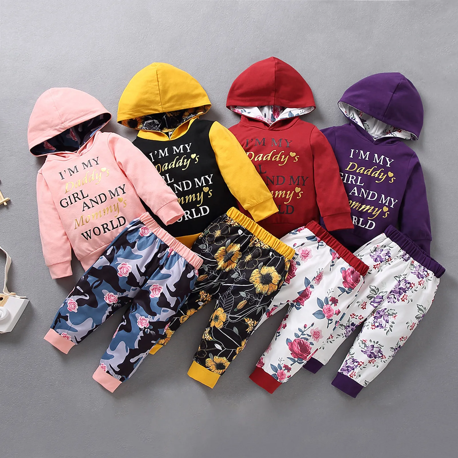 40# Newborn Baby Dekleta z Dolgimi Rokavi Pismo Tiskanja Kapičastih Pulover, T-majice Vrh + Cvetlični Hlače Komplet otroške Kostume Одежда