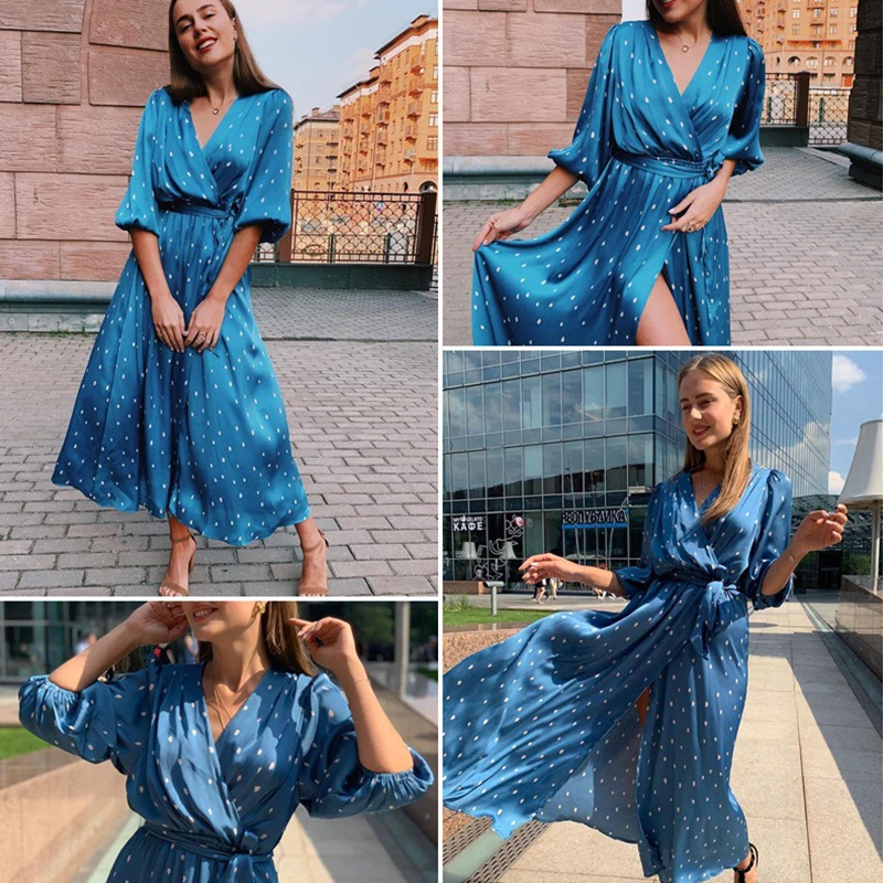 Foridol polka dot ženske zaviti obleko elegantno puff rokav modra krila stranka obleko zaviti dela poletje pomlad retro maxi dolgo obleko 2020
