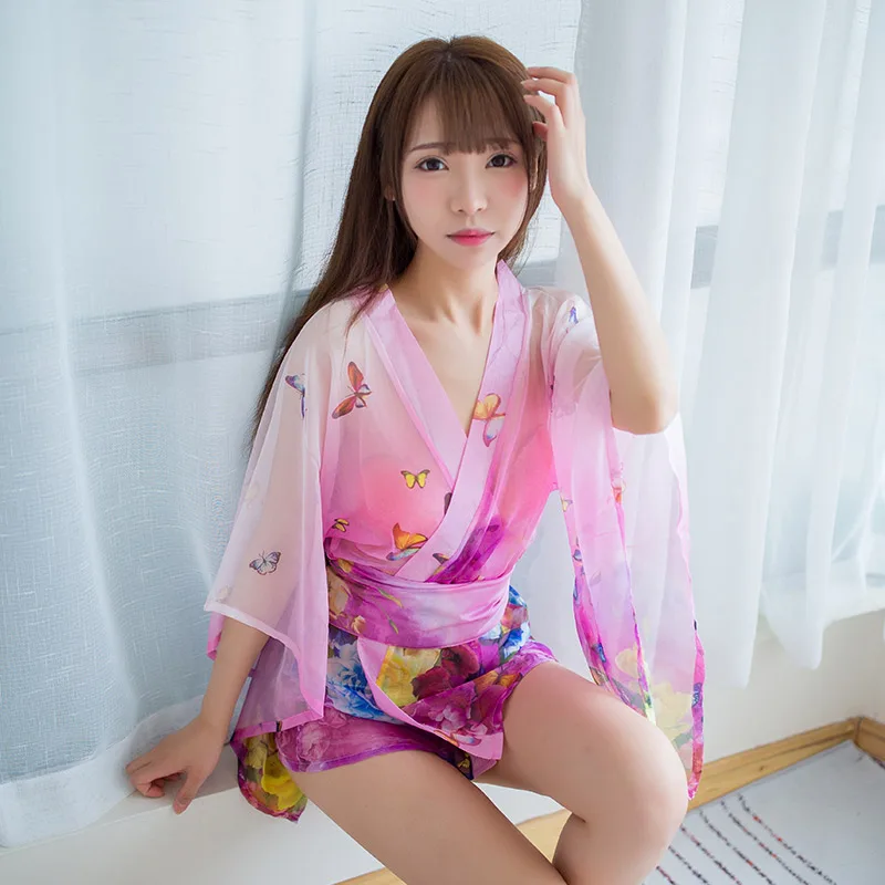 Japonski Seksi Perilo Kimono Plašč Roza Halloween Kostumi za Ženske Šifon Sleepwear Vlogo Igrajo Erotični Devica Obleko Enotno 2020
