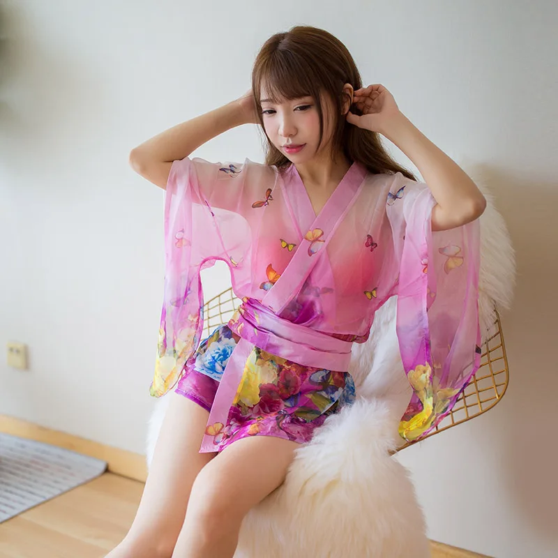 Japonski Seksi Perilo Kimono Plašč Roza Halloween Kostumi za Ženske Šifon Sleepwear Vlogo Igrajo Erotični Devica Obleko Enotno 2020