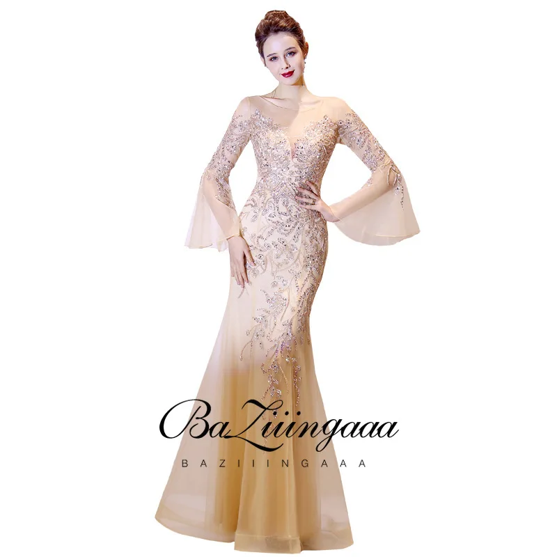 BAZIIINGAAA Luxury Gold Beaded Večerno Obleko z Dolgimi Rokavi, Krog Vratu Zlato Obleke morska deklica Design, ki je Primerna za Formalno Večer