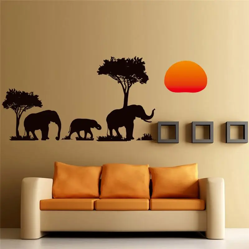 Drevo Sloni Sunrise Stenske Nalepke Dnevna Soba Dekor Safari Diy Doma Nalepke Živali, Rastlin Afriške Slogu Zidana Umetnosti Peel & Stick