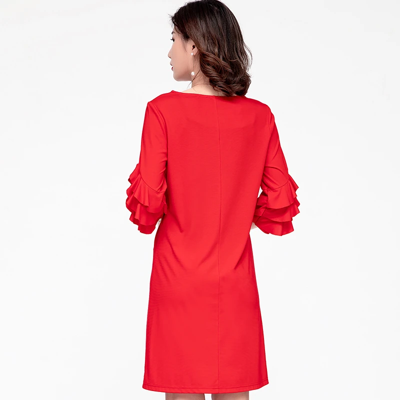 Rdeča priložnostne poletja leta 2020 midi obleke, kratke 6xl 5xl 4xl xxxl plus velikost ženske o-vratu ruffles pol urad obleko haljo letnik femme