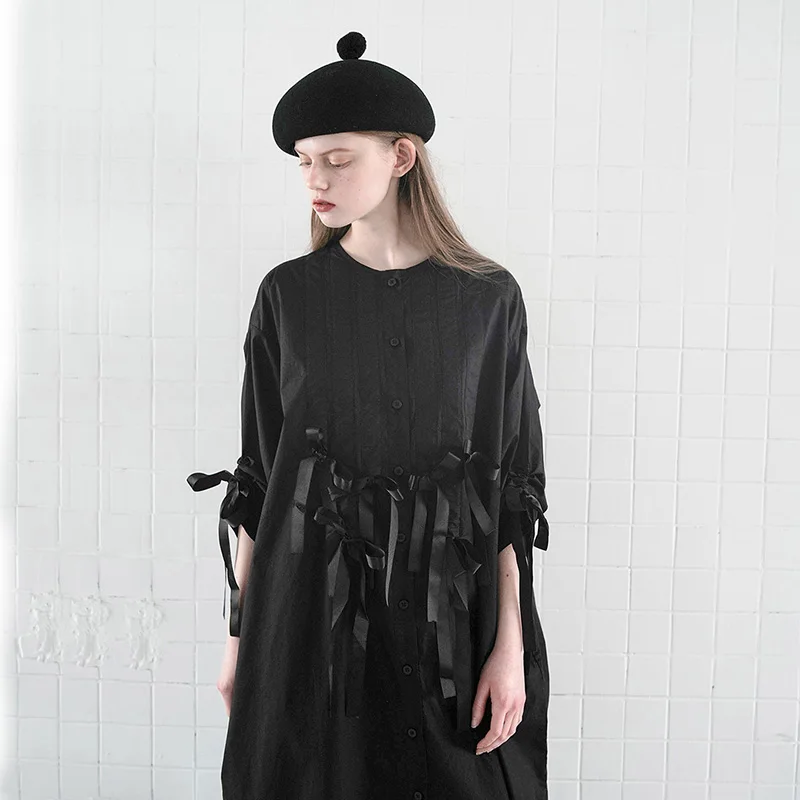Imakokoni Žensk bombažno majico imakokoni original neodvisni design prosti čas ohlapno črno in belo obleko 151087