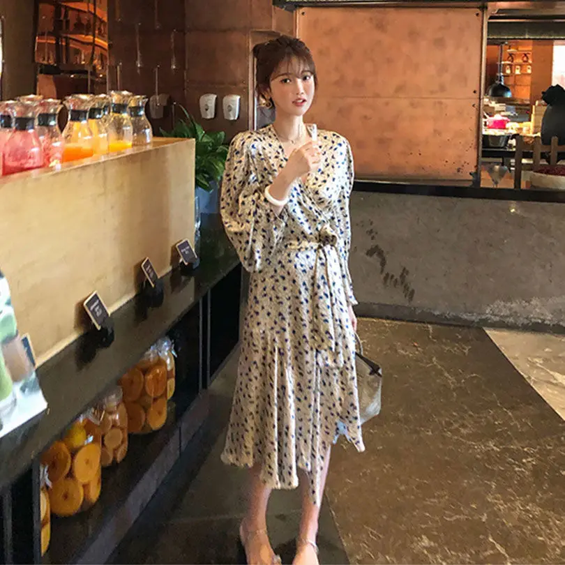 Priložnostne Cvetlični Obleka Ženske Elegantne Retro Oblikovalec Praty Obleko Nezakonitih Urad Dama korejski enodelno Obleko 2020 Žensk Jeseni