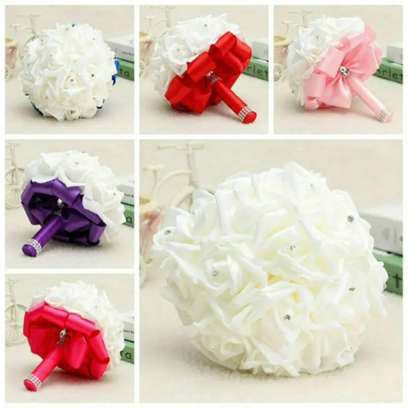 Multi Color Poročni Šopek Rose Pene Kristalno Diamante Ročno Družico Cvet Poroka Obroči