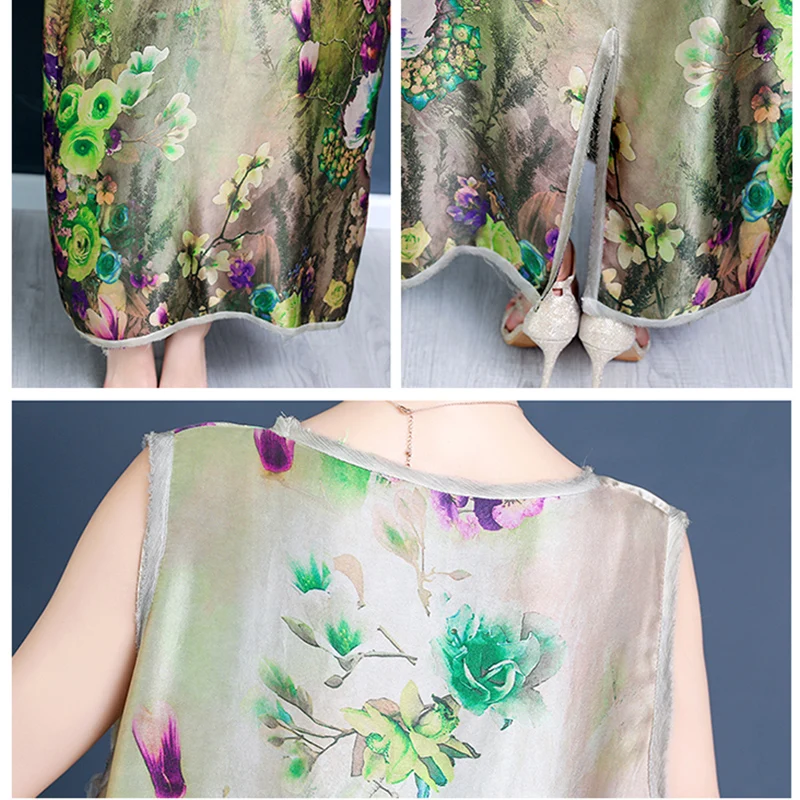 Poletne Obleke Nove Vintage Cvjetnim Tiskanje Imitacije Svile Plus Velikost Ženske Obleko brez Rokavov A-linija Obleke