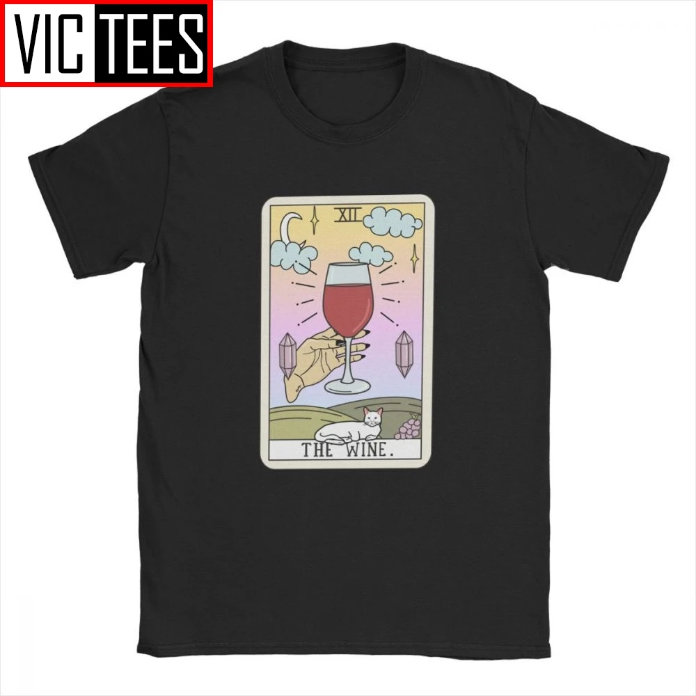 Priložnostne Vino Branje T-Shirt Moški 100 Odstotkov Bombaža Tshirt Tarot Kartice Prihodnosti Mistično Mačka Kristalno Camisas Hombre