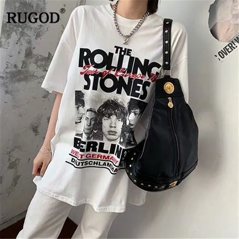 RUGOD Harajuku Modni Stil Žensk T shirt je Rolling Stone je Tisk Svoboden Kratkimi Rokavi Belo Ulične Modis Poletje Femme Vrhovi
