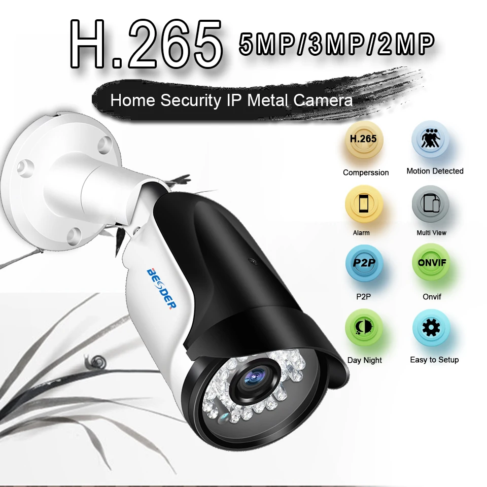 BESDER H. 265 Nadzor IP Kamera 5MP 3MP 2MP Motion Detect ONVIF RTSP Bullet Prostem CCTV Kamere 36PCS IR LED Night Vision