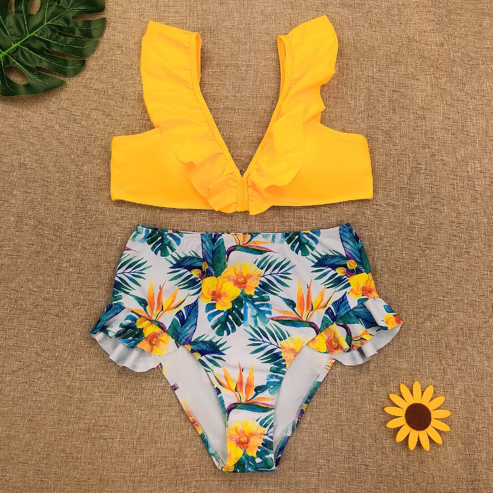 2020 Novo Ruffle Visoko Pasu Bikini Kopalke Ženske Kopalke Proti-vrat Monokini Bodysuit Natisnjeni Cvetlični kopalke Swim Oblacilo Ženske