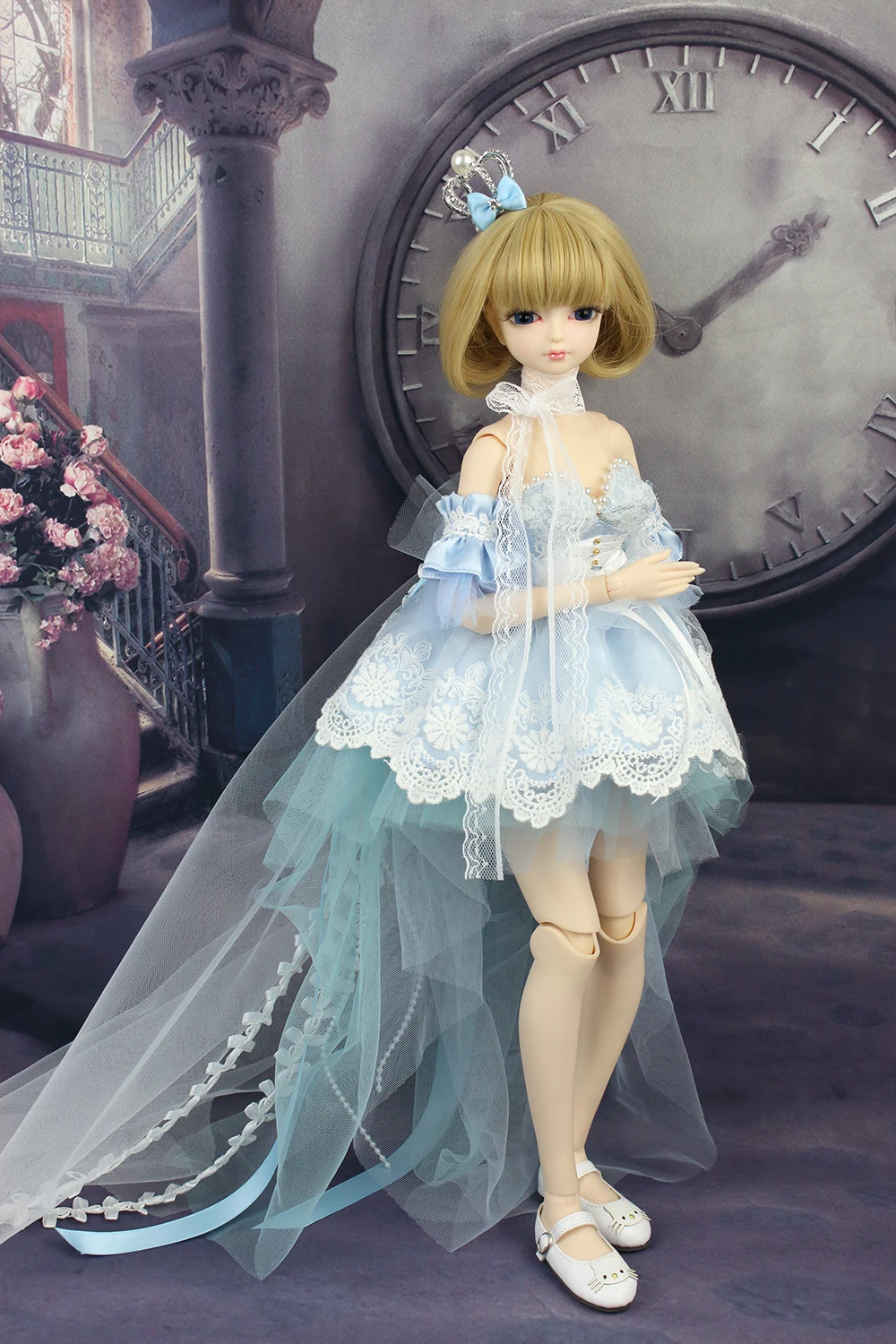 Sanje Pravljice obleke samo 1/4 bjd 45 cm lutka modra čipke obleko dokolenke perilo krono princesa obleko oblačila