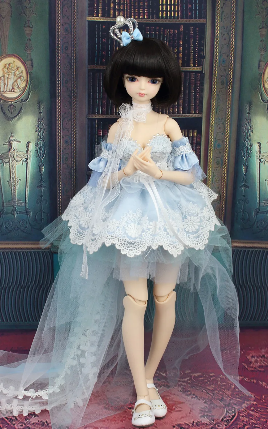Sanje Pravljice obleke samo 1/4 bjd 45 cm lutka modra čipke obleko dokolenke perilo krono princesa obleko oblačila
