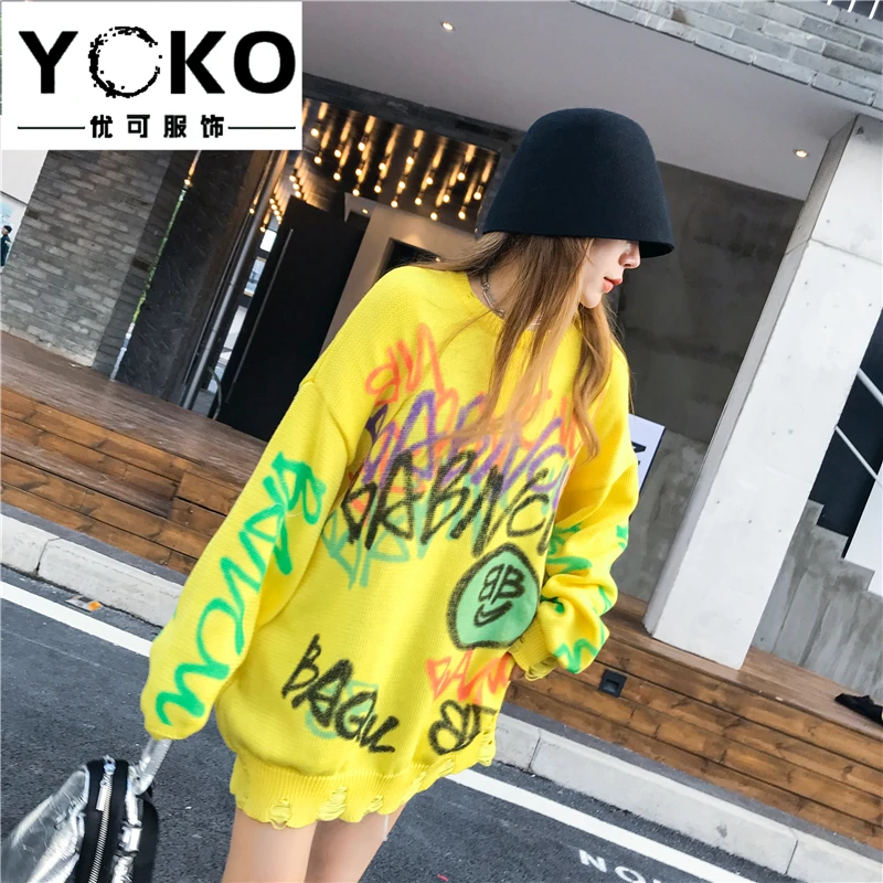 YOKO Pulover ženske 2019 jeseni, pozimi nov modni svoboden korejska različica ročno poslikano grafiti leni slog pulover plus velikost obleko