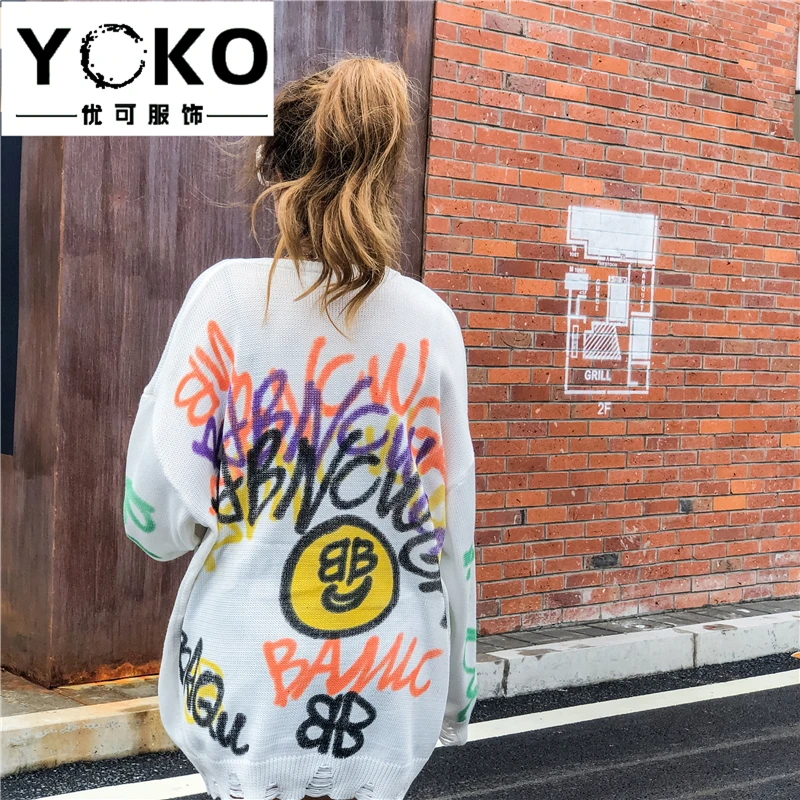 YOKO Pulover ženske 2019 jeseni, pozimi nov modni svoboden korejska različica ročno poslikano grafiti leni slog pulover plus velikost obleko