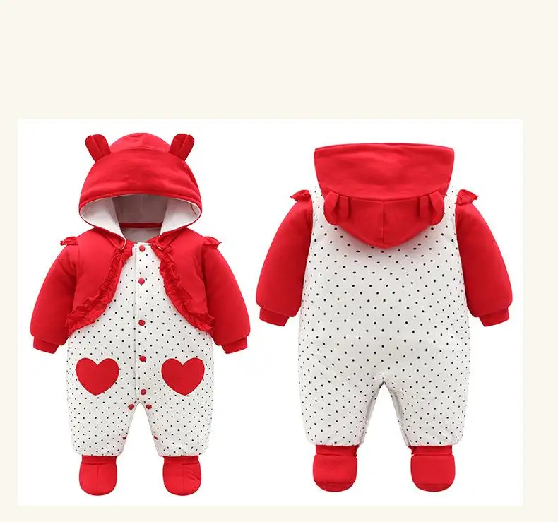Baby Girl obleke Pozimi Newborn Baby Fantje romper 3m-12m Dolg Rokav Toplo Hooded igralne obleke rdeče, Debele outwear Oblačila za dekleta