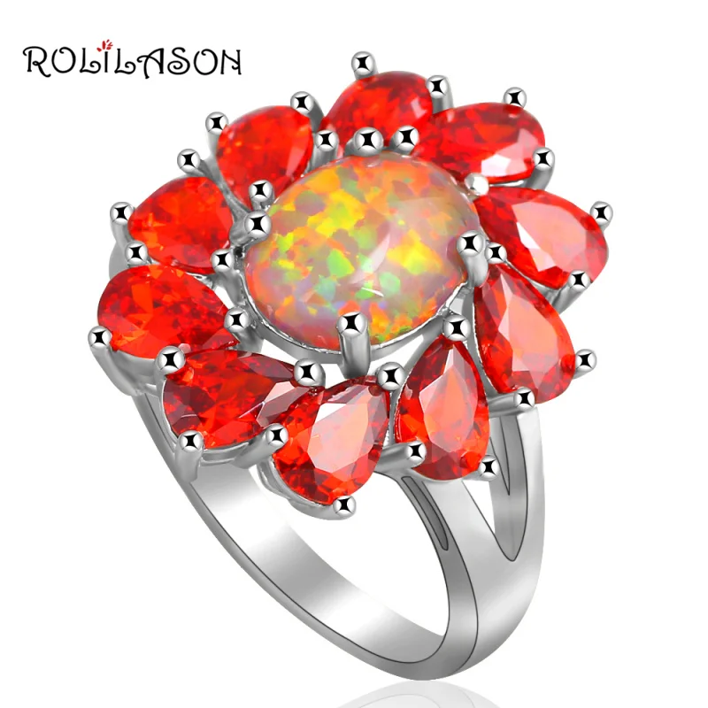 ROLILASON cvet design Oranžna Cirkon Podolgovat Modni nakit za ženske, Oranžna ogenj Opal Srebrni Prstani ZDA velikost #6#7#8#9#10 OR670