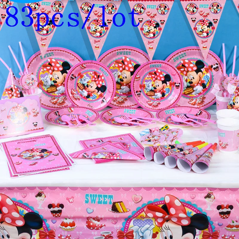 Disney Minnie Mouse Temo 83Pcs/veliko Pokal+Ploščo+Napkin+Rog Dekle Rojstni dan Darilo Vrečko+Banner+Slama+Prt Dekoracijo Ponudbe