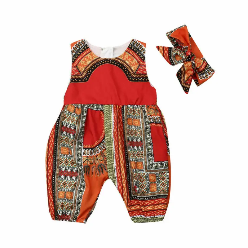 Baby Poletje igralne obleke Afriški Stil Malčke Baby Dekleta Otrok Jumpsuit Oblačila Malčka Playsuit z Glavo, Obleko Set 1-5T