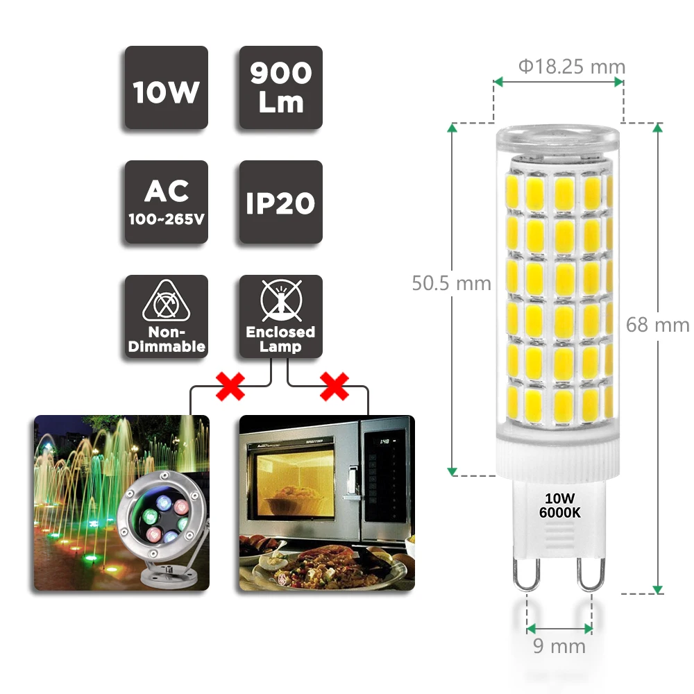 10W 900Lm G9 LED Kapsula Žarnico Zamenjajte 60 W Halogenske Žarnice Cool bela, 6000K AC100-265V Ne to oznako CE, ETL, Odobrenih 6 Pack