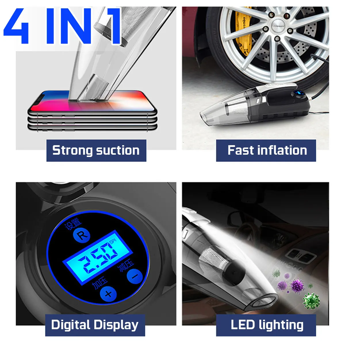 4 v 1 Avto Ročni sesalnik z Digitalno Pnevmatike Inflator Črpalka, Merilnik Tlaka LED Luči, sesalec Za notranje Auto Avto