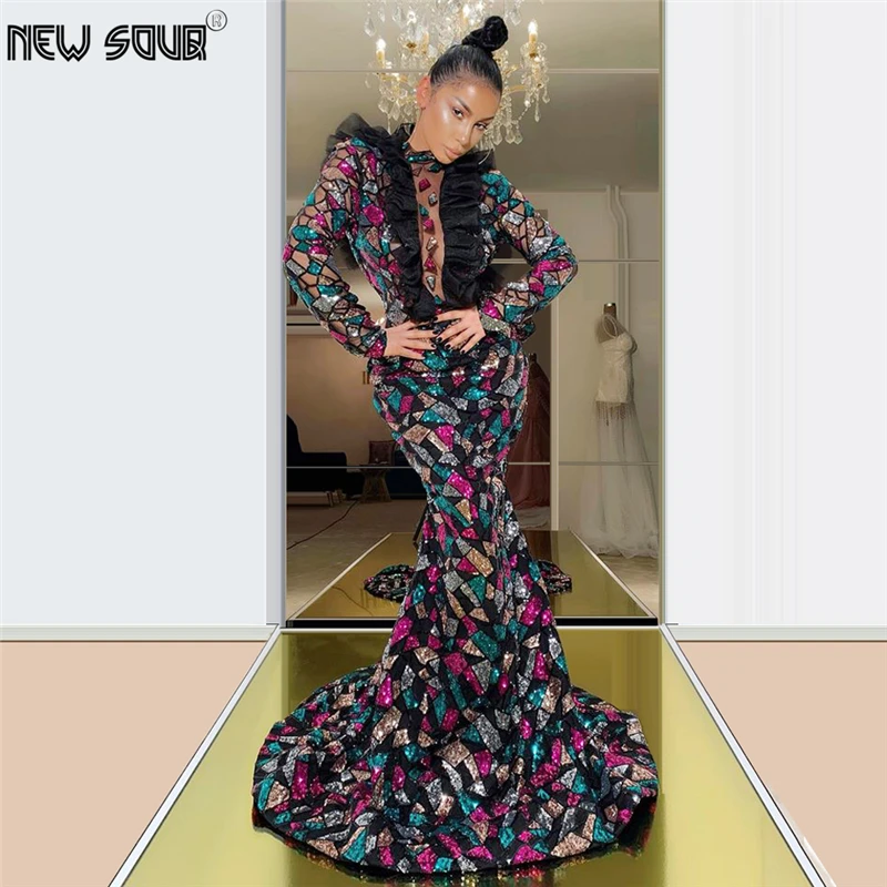 Nov Prihod Multi Color morska deklica Večerne Obleke Haljo De Soiree 2020 Savdska Arabija Islamske Prom Oblačenja Dolgo Sequins Stranka Obleke Dekle