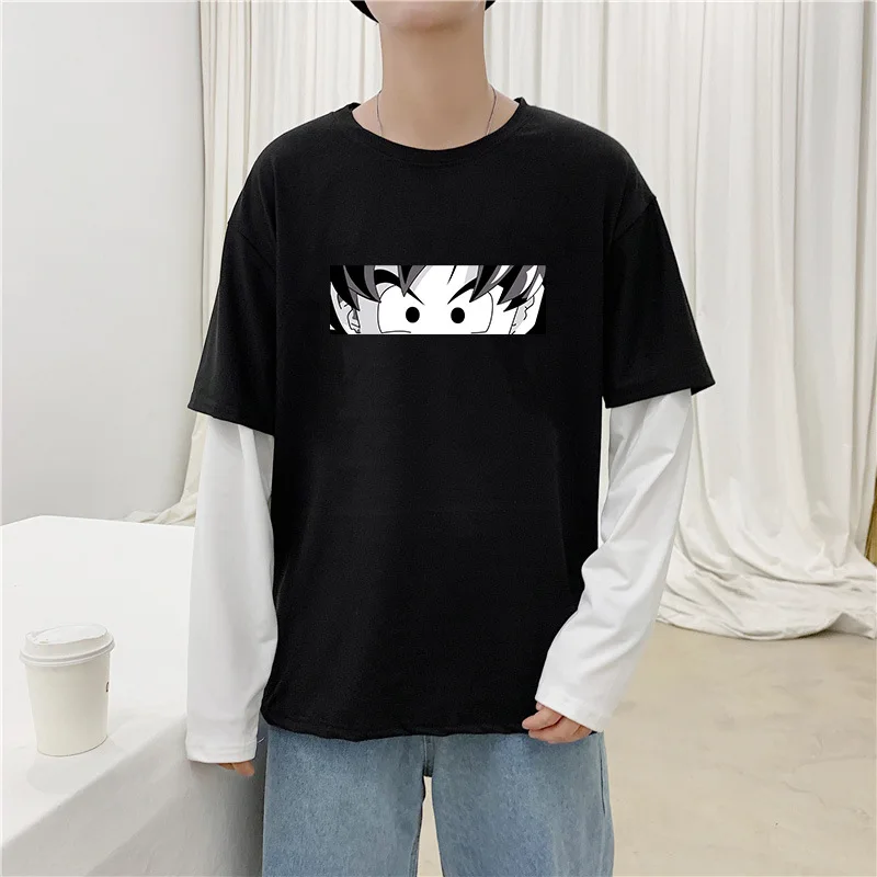 Ponaredek dveh dolgo sleeved natisnjeni T-shirt svoboden moški priložnostne črno bel divje moda Dno puloverju človek ulične trend vroče
