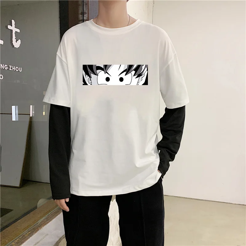 Ponaredek dveh dolgo sleeved natisnjeni T-shirt svoboden moški priložnostne črno bel divje moda Dno puloverju človek ulične trend vroče