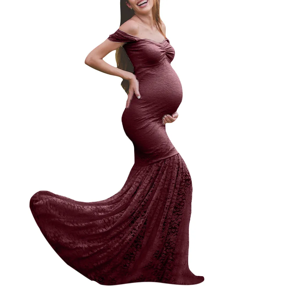 LONSANT Porodniškega obleka Ženske Shoulderless sirena obleko Ženska Pregnants Seksi Fotografije Rekviziti Čipke zdravstvene Nege Dolgo Obleko