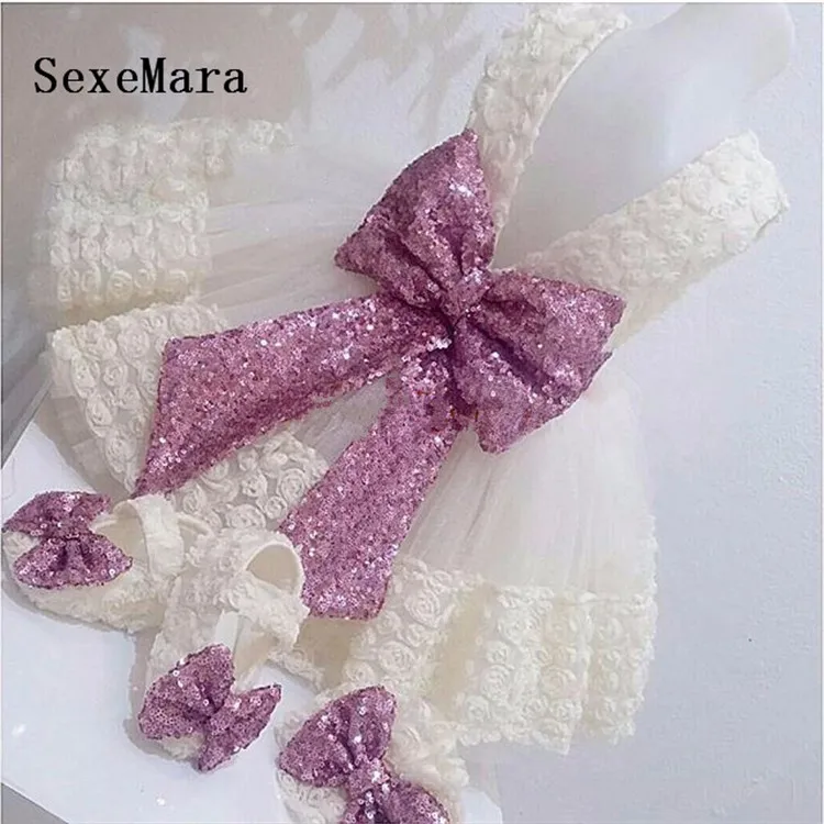 Lepe Bele/slonokoščena čipke 3D cvetje baby dekleta 1 leto, rojstni dan obleke roža punca obleke oblačila z sequined lok