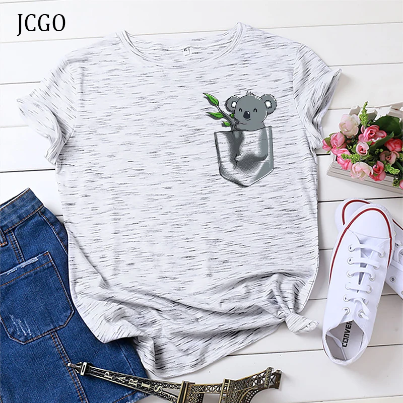 JCGO Ženske Poletje Kratek Rokav T-shirt Plus Velikost S-5XL Prevelik Srčkan Koala Tiskanja Priložnostne Bombaž O Vratu Lady Tees Vrhovi
