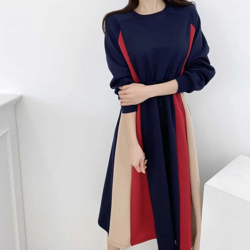Enodelne Ženske Nasprotno, Šivanje Plus Žametno Obleko korejski Elegantna Urad Ohlapne Obleke 2020 Zimske Ženske Dolge Rokave Obleko