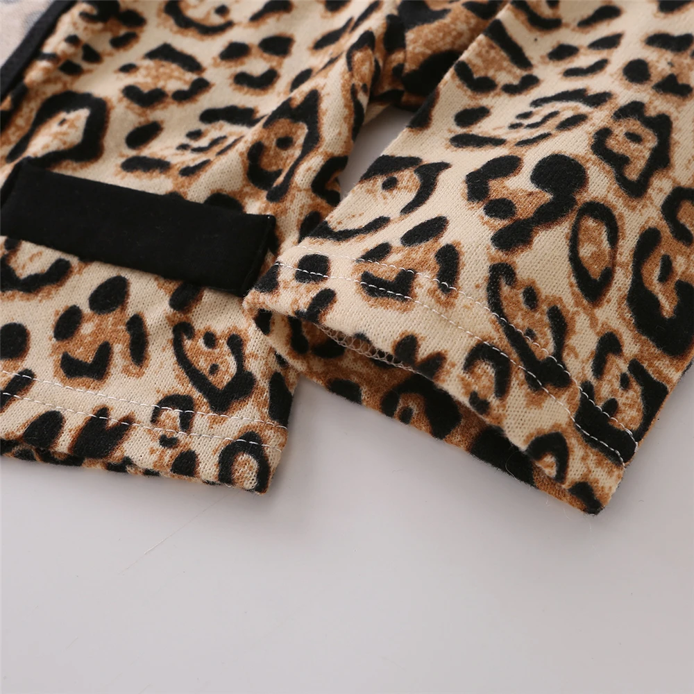 WenaZao Otroci 2 Kos Retro Slogu Leopard Tiskanja Obleka Komplet Krog Vratu Dolgimi Rokavi, Kratke Enega kosa Krilo Moda Dve Žep pokrivnega premaza