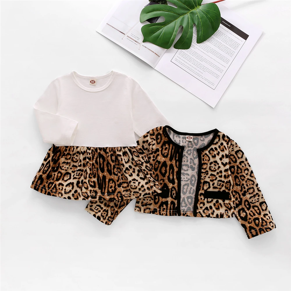 WenaZao Otroci 2 Kos Retro Slogu Leopard Tiskanja Obleka Komplet Krog Vratu Dolgimi Rokavi, Kratke Enega kosa Krilo Moda Dve Žep pokrivnega premaza