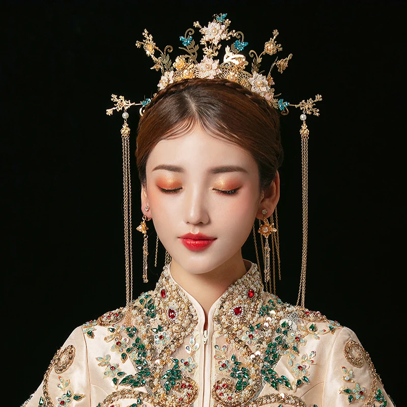 HIMSTORY Tradicionalni Kitajski Stil Poročne Zlati Headdress Modra Cvetlični Stari Lasnice Beaded Poročni Nakit, Pribor za Lase