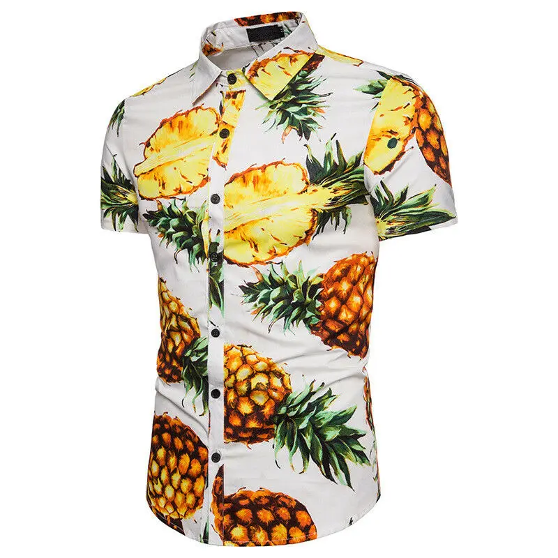 2019 Najnovejši Modi Mens Ananas Cvjetnim Natisniti Majice, Vrhovi Priložnostne Kratek Rokav Hawaiian Beach Majica