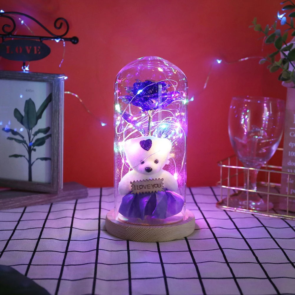 Barvita Goldleaf Rose Nosi Umetno Večni Cvet Dome steklen Pokrov Žarnice z LED Luči, Okraski za Rojstni dan, Valentinovo Darilo