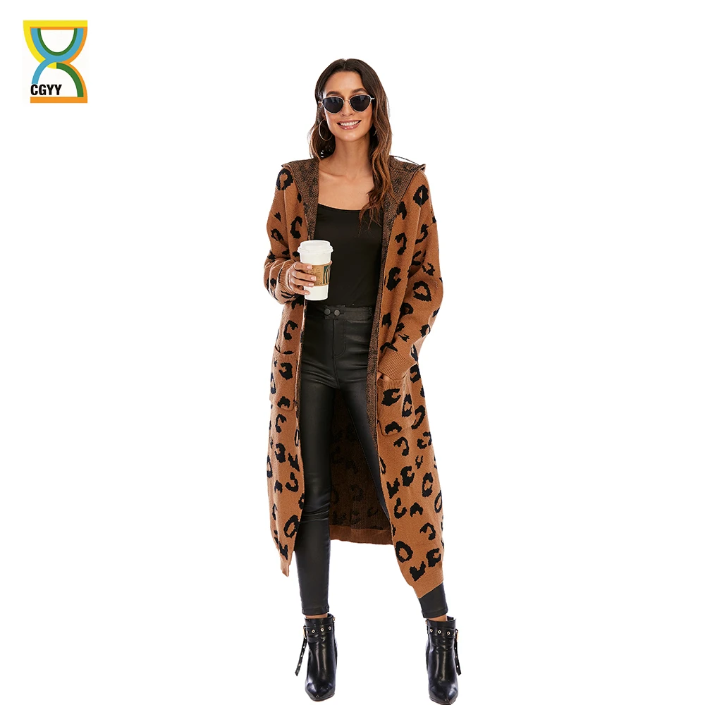CGYY Ženske Leopard Tiskanja Dolg Rokav Knittd Jopico Odpri Prednji Jesensko Zimski Pulover Outwear Plašč s Pocket